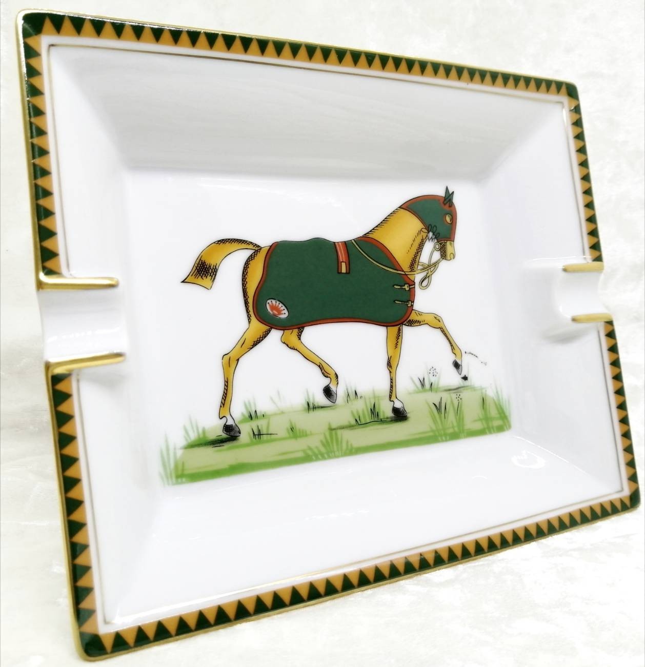 Hermes Paris Ashtray Horse Pattern Color Green Plate Tray Porcelain NoBox t14250