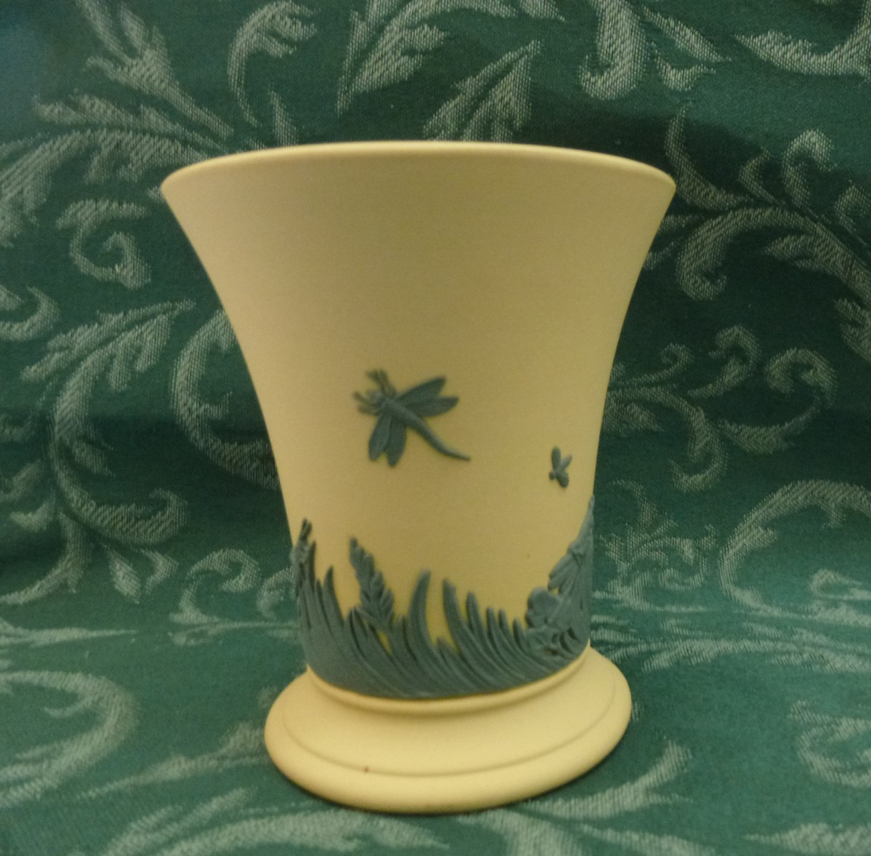 Wedgwood Jasperware Trumpet Vase Primrose Yellow & Green Dragonfly Grasshopper