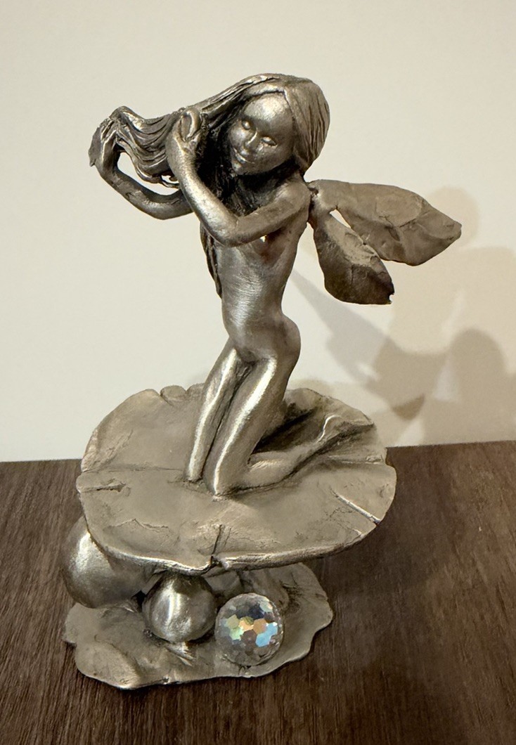 Vtg 1988 Rawcliffe Pewter Water Fairy Pixie on Mushroom w Crystal Ball 4” Signed
