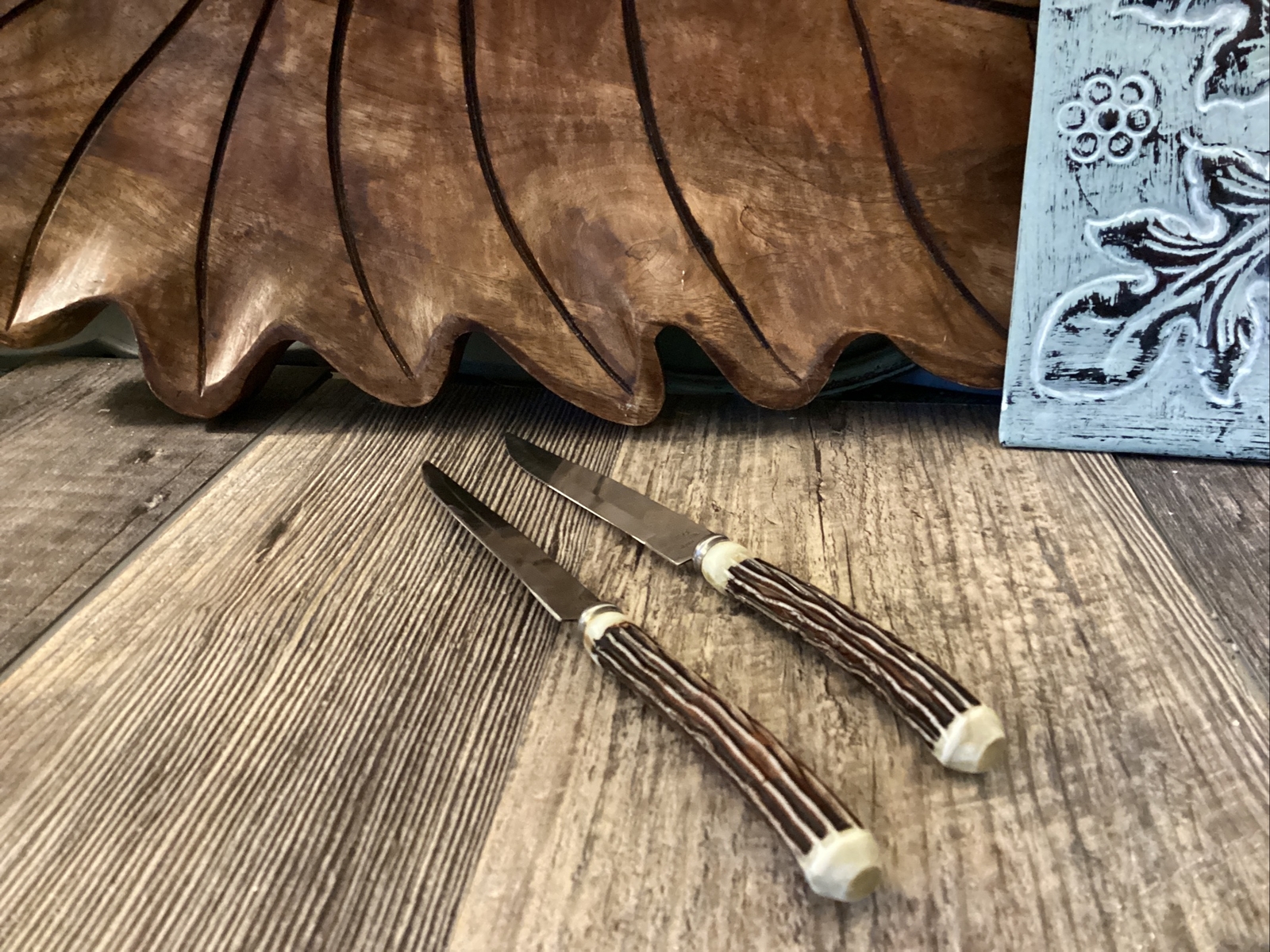 Vintage Set of 2 Knives Nevco Steak Knife Set Japan Faux Stag Horn