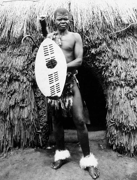 Zulu Chief Holds His Shield In Front Of His Hut Durban OLD PHOTO