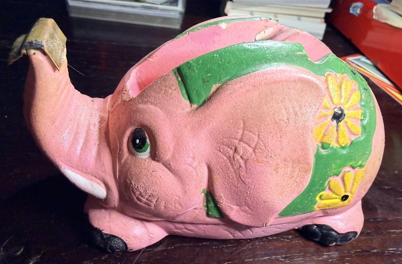 Vintage Pink Elephant Chalkware Tape Dispenser Floral MCM Retro Desk Decor