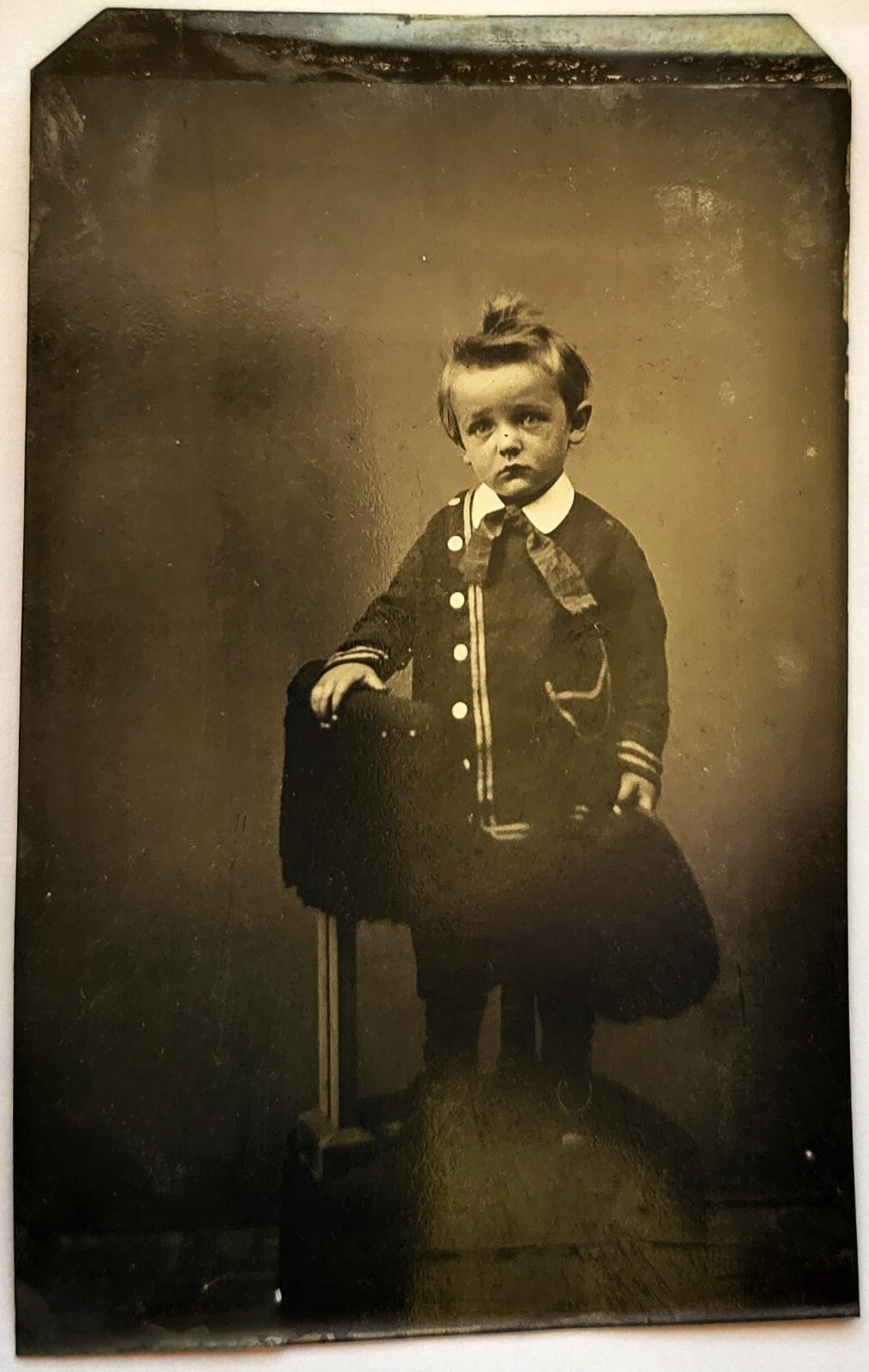 Tintype Photo Anson Beach NY Sad Face Eyes Little Boy Sailor Tie Spiky Hair Cute
