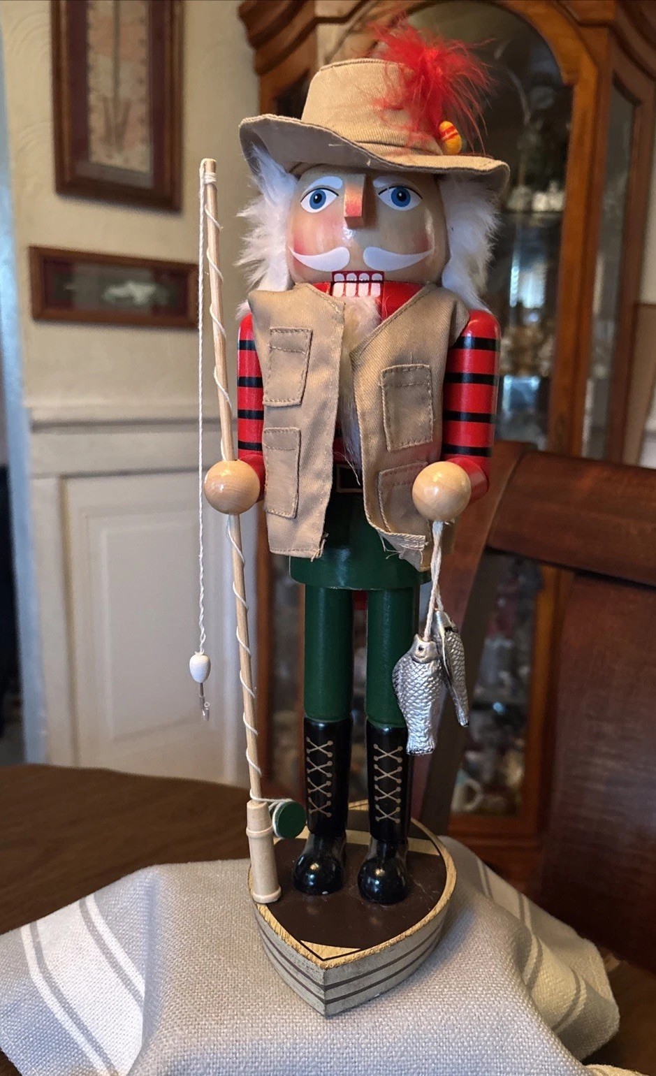 Santa Fisherman Angler Nutcracker With Fishing Pole & Trout Fish 14” New