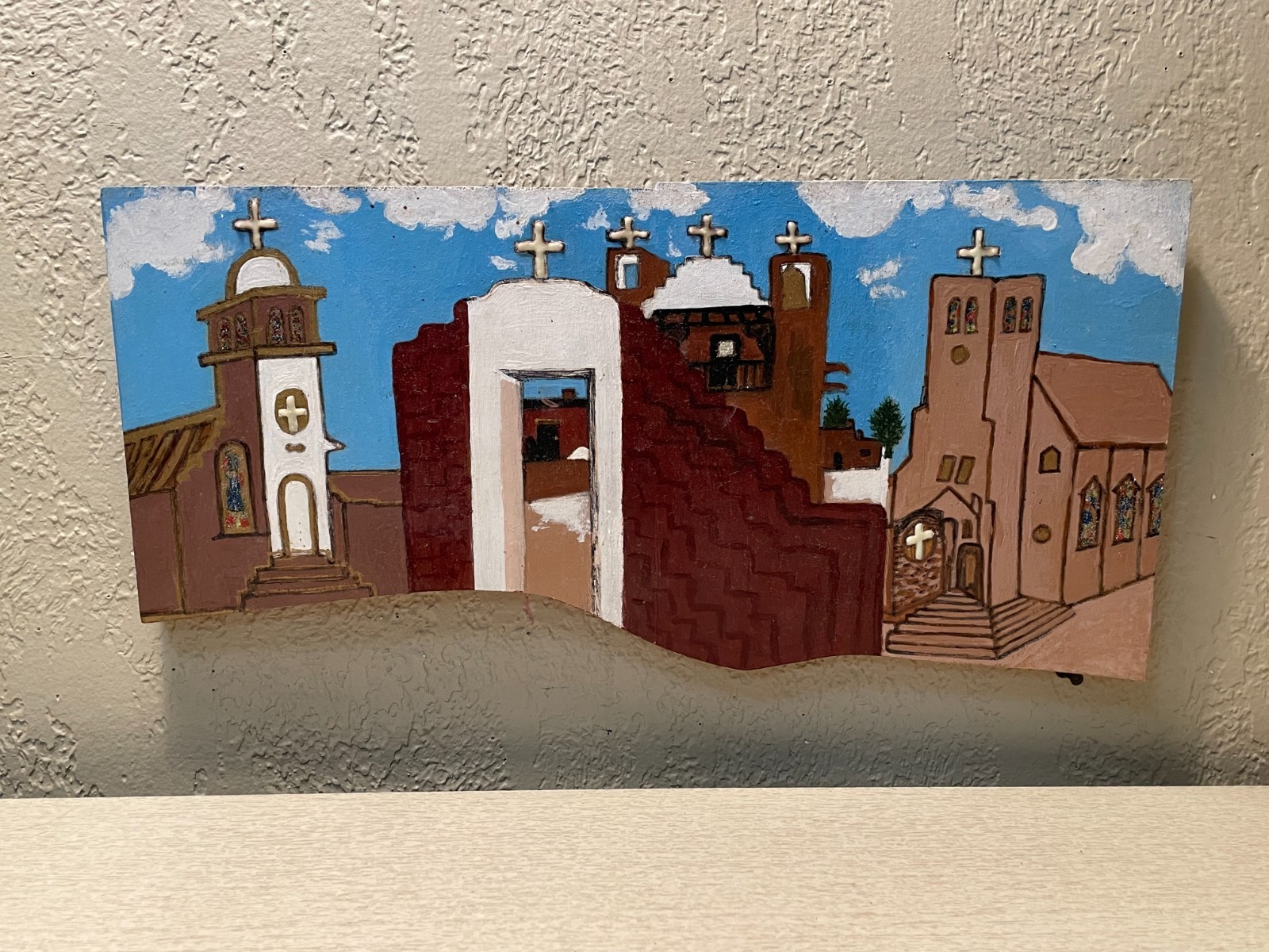 3pcs. Vintage New Mexican Santero Ponderosa Wood Painting Retablos Five Church’s