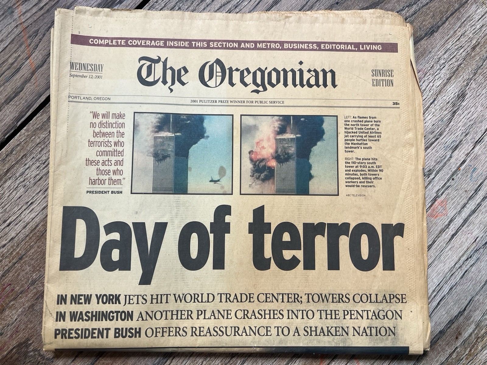 The Oregonian 09/12/2001 Newspaper Complete September 11 09/11 Day of Terror
