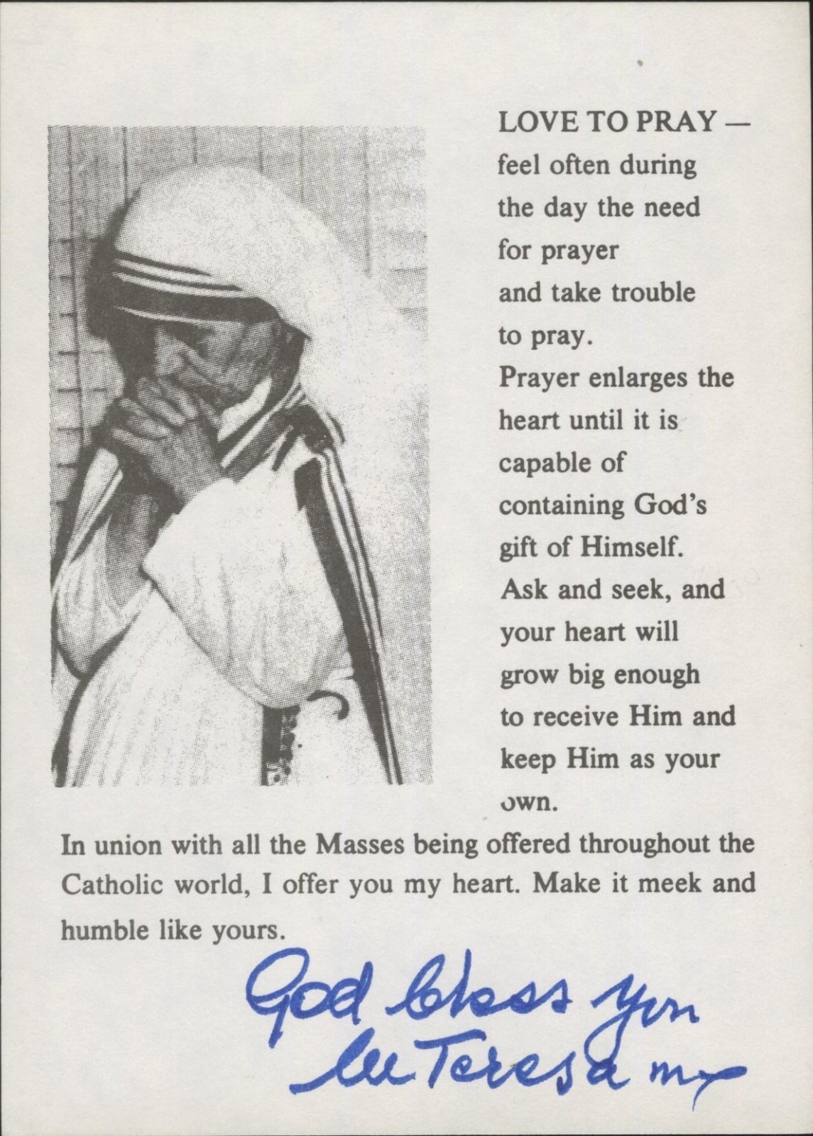 Mother Teresa ~ Signed Autographed Prayer Card 
