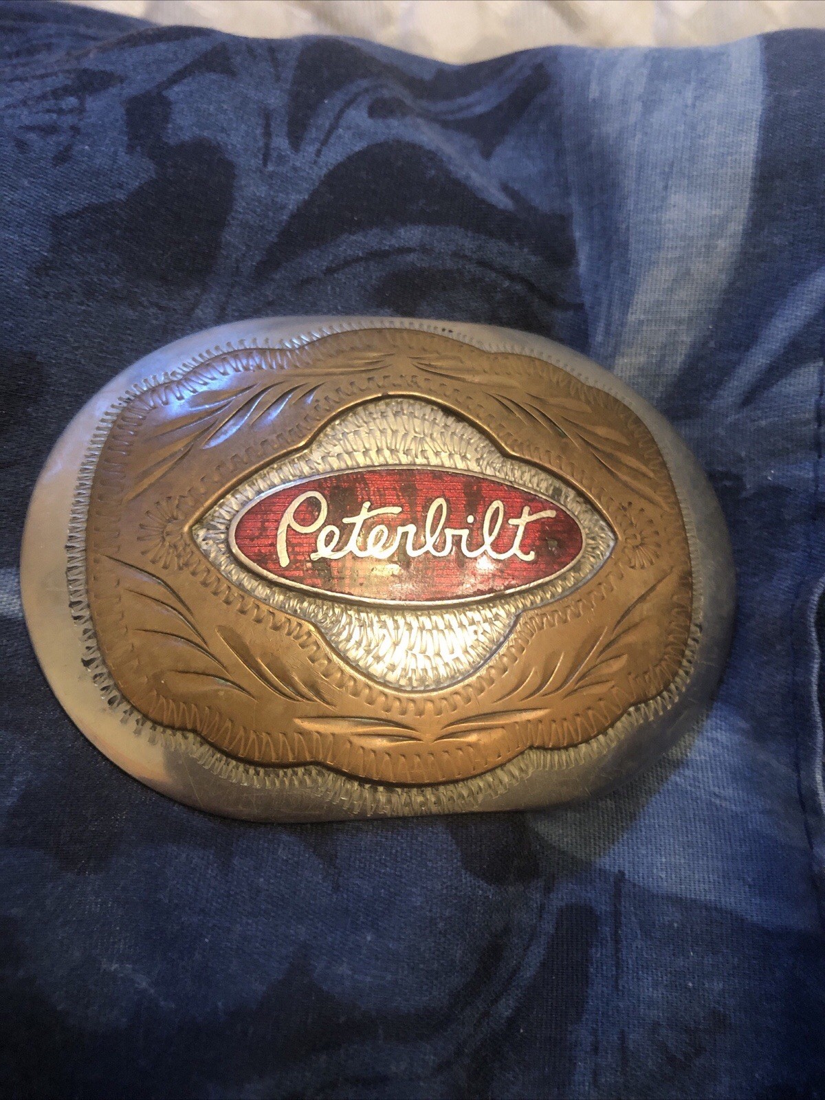 Vtg Western Flair Peterbilt Trucks Engraved Western Belt Buckle German Silver