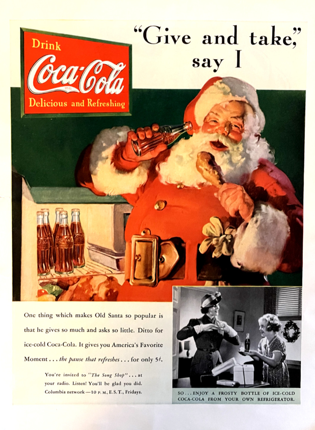 1937 Coca-Cola Christmas Vintage Print Ad Santa Claus Coke Bottle Soda Pop