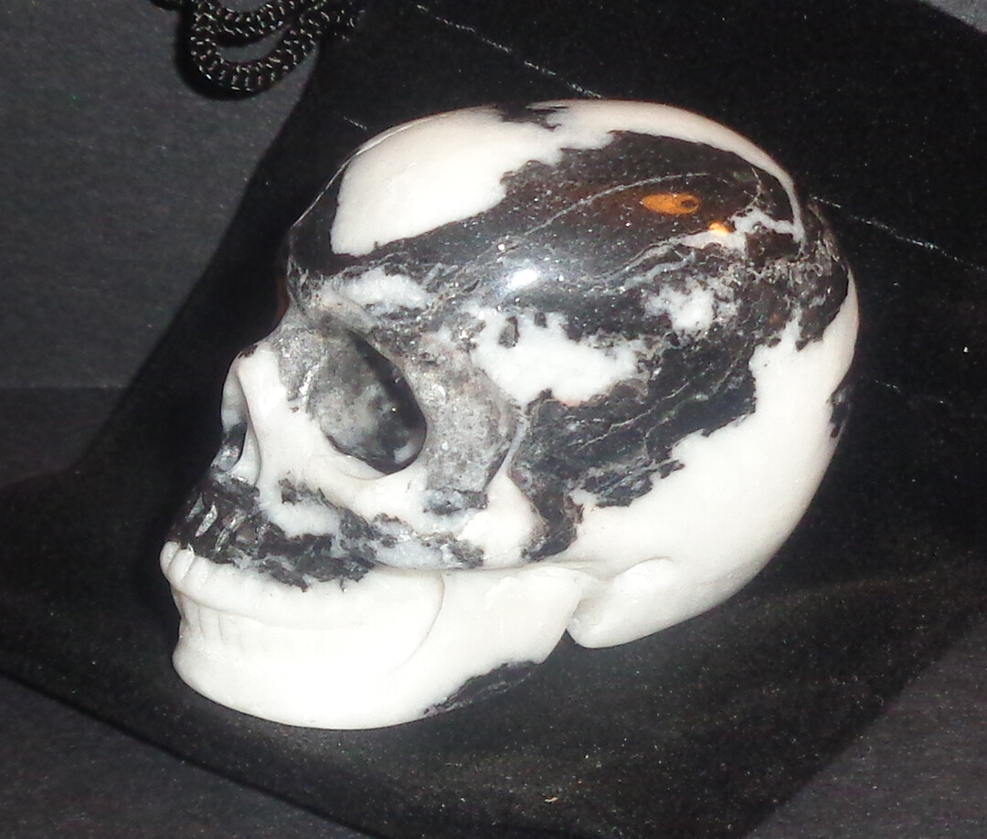 Zebra Jasper Crystal Skull Hand Carved with Black Velvet Drawstring Pouch