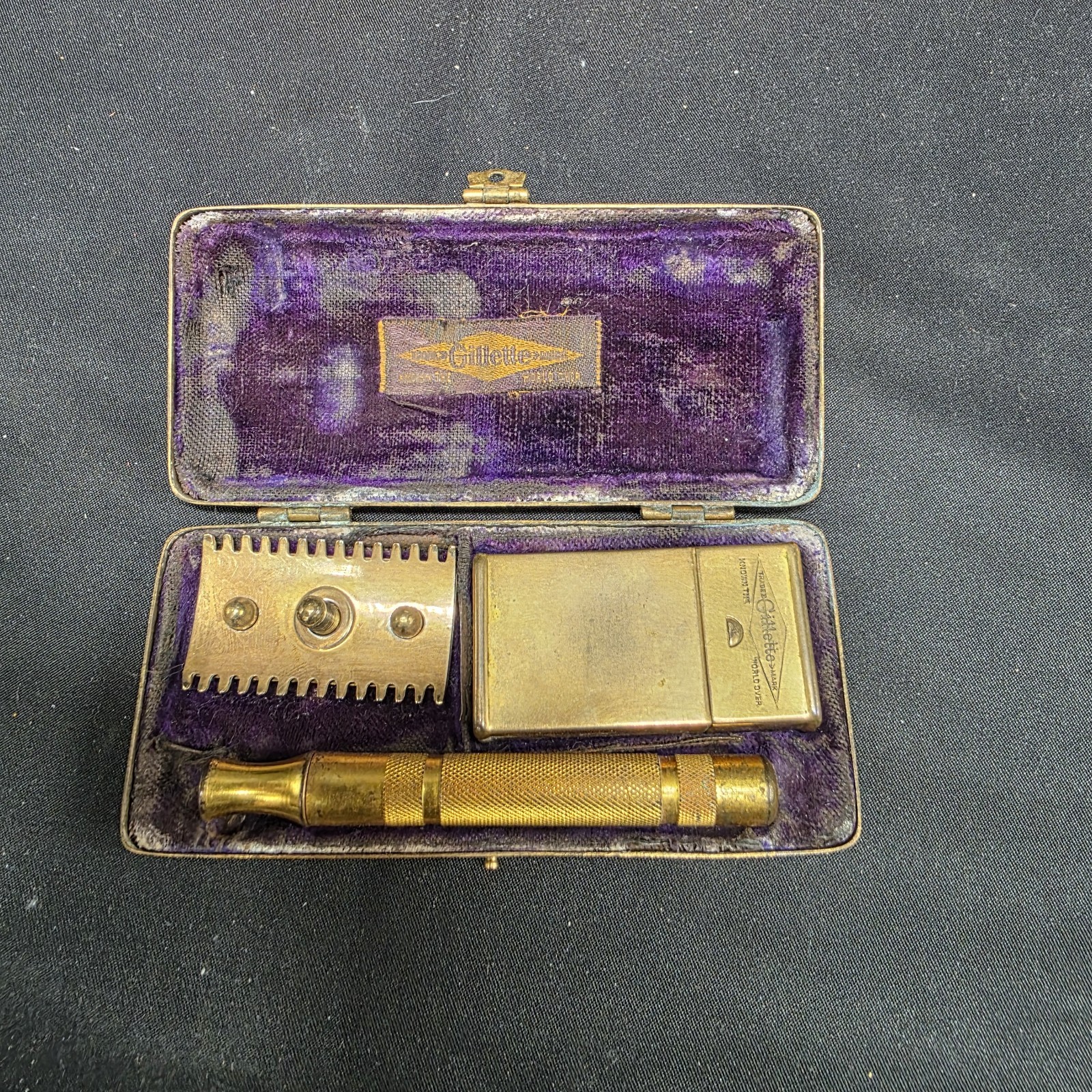 Antique Gillette Pocket Edition Brass Safety Razor Set w/ Case & Blade Box c1907