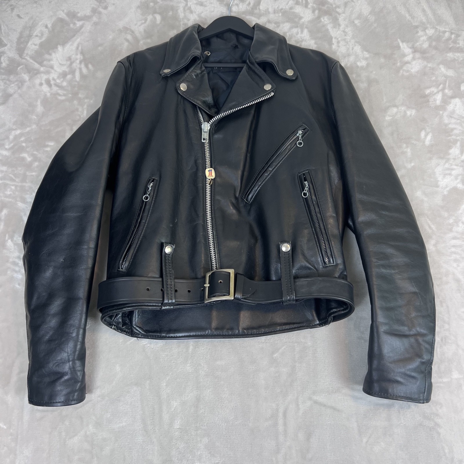 Vintage AMF Harley Davidson Jacket Mens 42 Black Leather Moto Biker Belt Grunge
