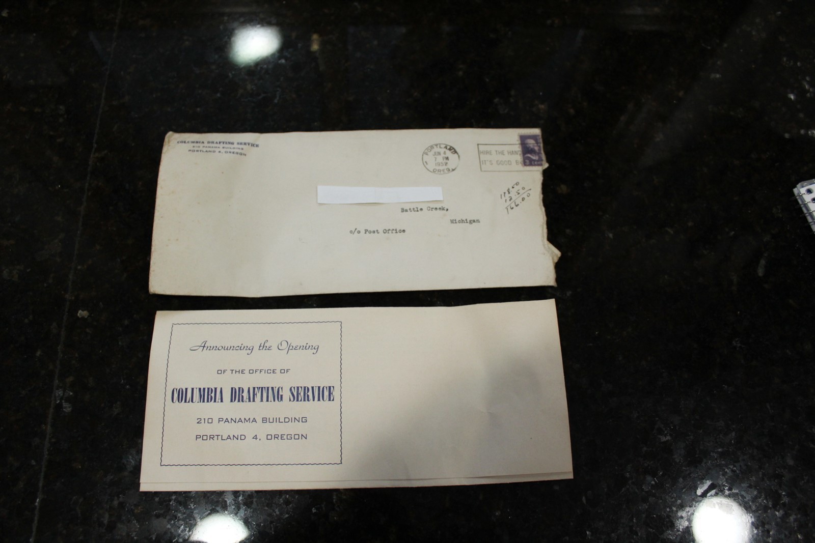 Vintage 1952 Advertising Envelope & Letter Columbia Drafting Service Portland OR