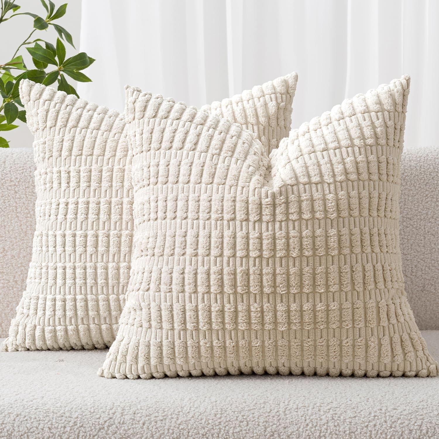 Cream White Corduroy Throw Pillow Covers 18x18 - MIULEE Boho 2-Pack Soft