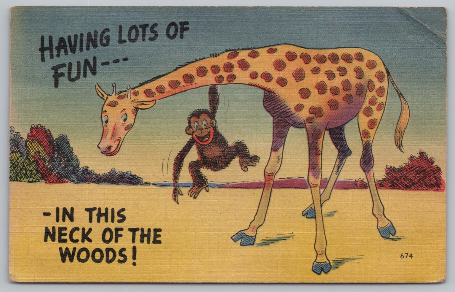 Vintage Comic Giraffe Monkey having Fun Postcard Fenton MI 1946 Baltimore Ohio