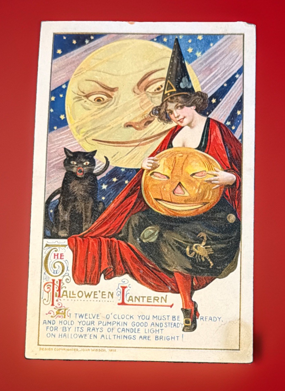 Antique 1912 John Winsch Halloween Postcard Samuel Schmucker Witch Moon Cat JOL