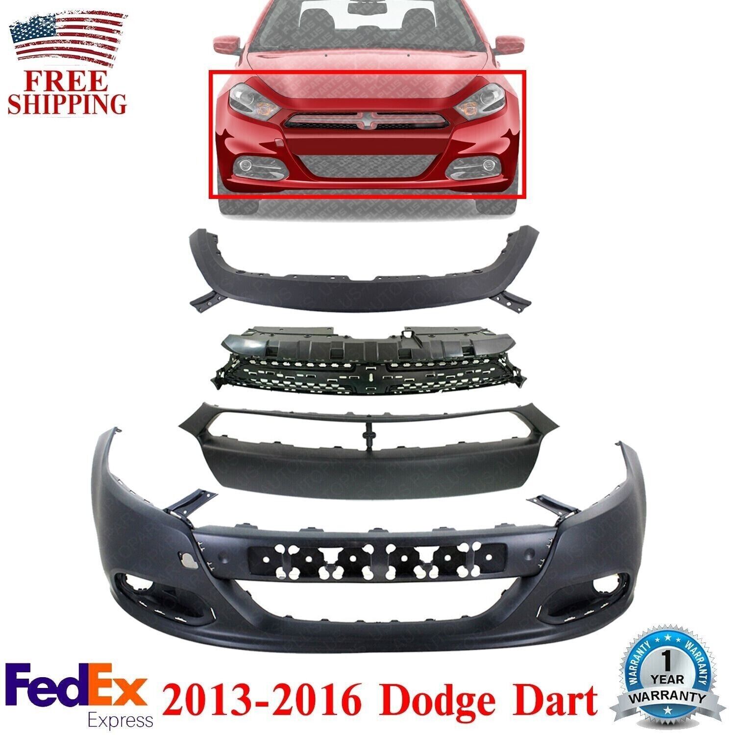 Front Grille Textured +Bumper + Upper Cover +Molding Primed For 13-16 Dodge Dart