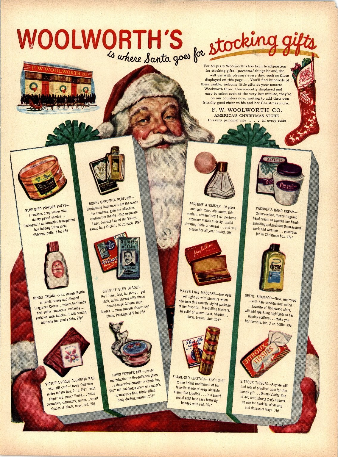 Woolworth's Vintage 1947 Christmas Magazine Ad Santa Claus Stocking Gifts AD146