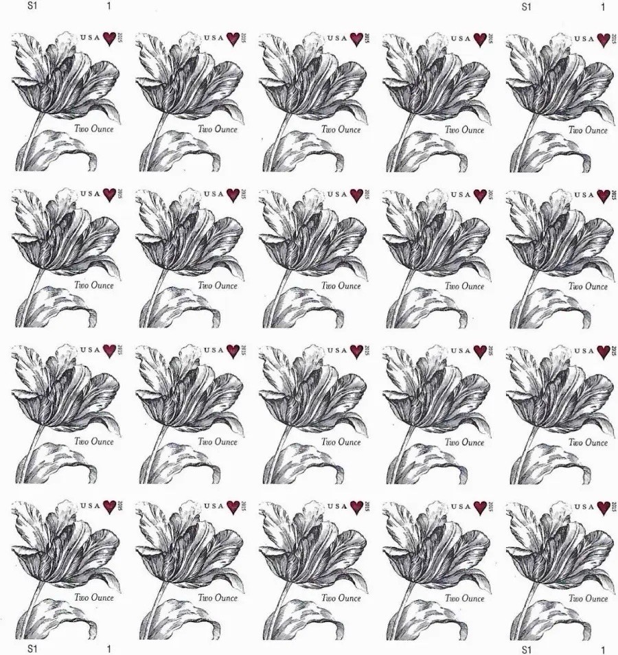 2015 USPS SHEET OF 20 TWO OUNCE STAMPS VINTAGE WEDDING TULIP 1.07¢