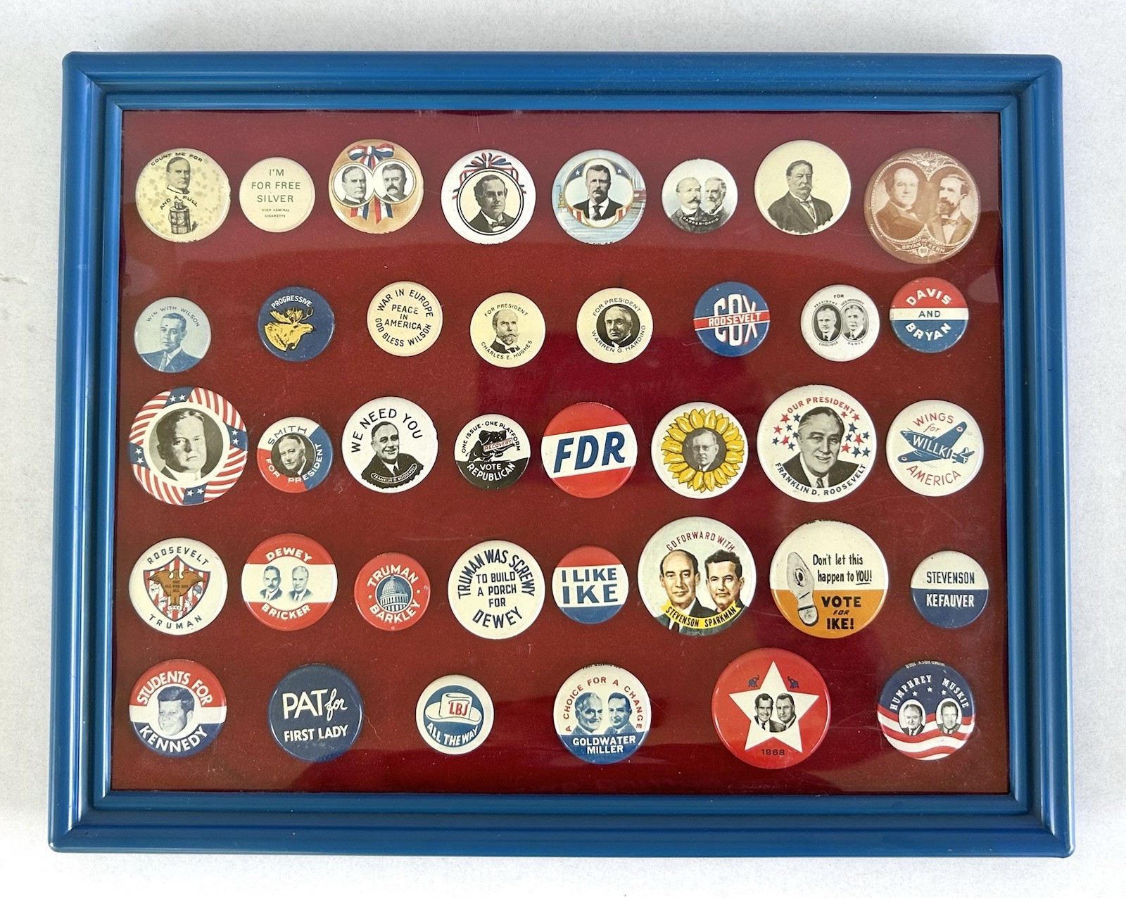 Political Campaign Pins Pinback Buttons Reproduction Framed Display Set 38 Piece