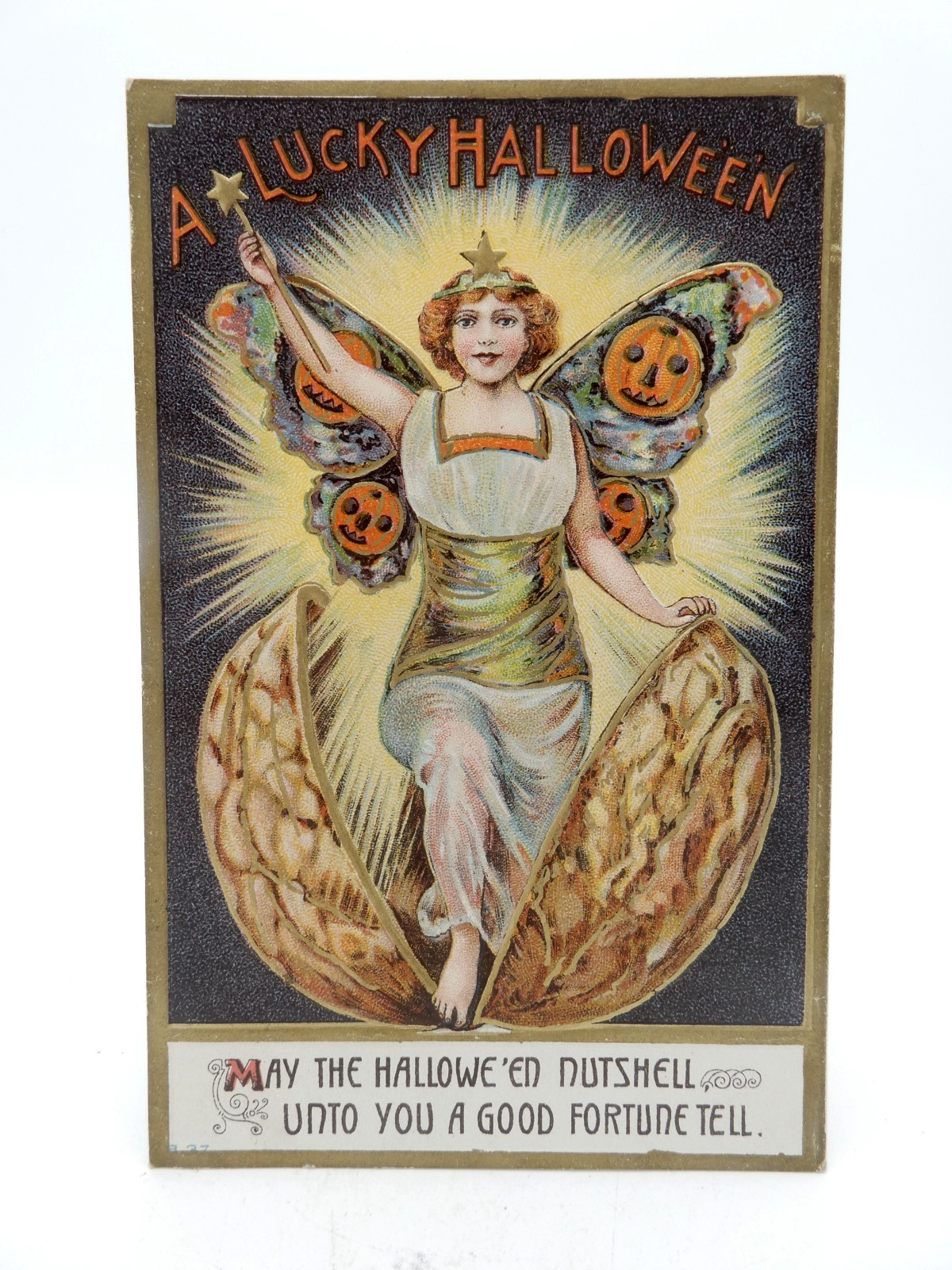 Great B-37 Series Halloween Postcard Moth Winged Woman emerges from Walnut Shell