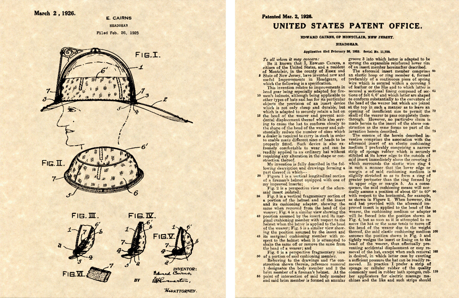 CAIRNS FIRE HELMET 1926 US PATENT ART PRINT READY TO FRAME fighting eagle FDNY