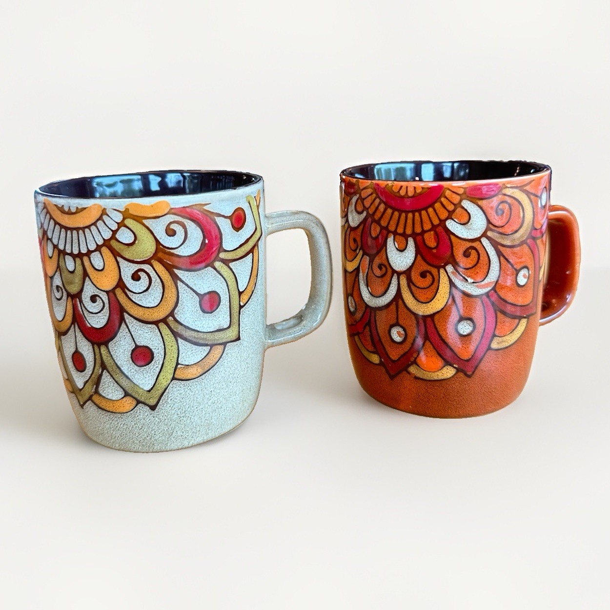 Vintage 1970s Mr Coffee Ceramic Mugs Set of 2 Retro Mandala Bohemian Speckled
