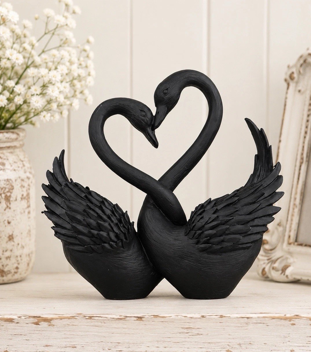Black Swans Heart Sculpture Black Swan Figurines Swans Birds Decor Shelf Sitter