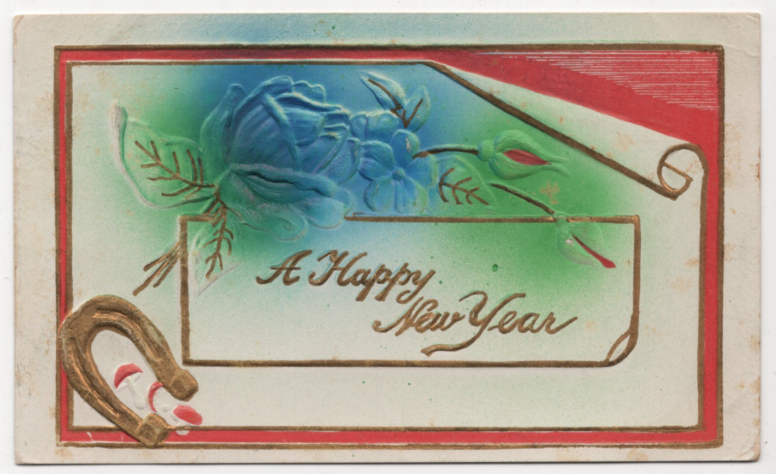 Antique Happy New Year Postcard Embossed Airbrushed Blue Rose Horseshoe 1910 SD