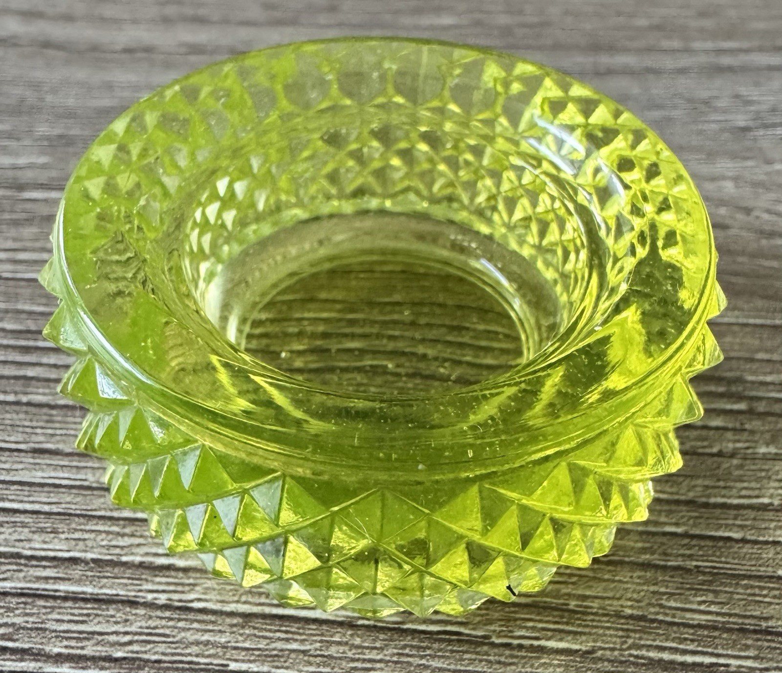 Green/yellow Vaseline Glass Open Salt Cellar Glows Antique EAPG DIAMOND Pattern