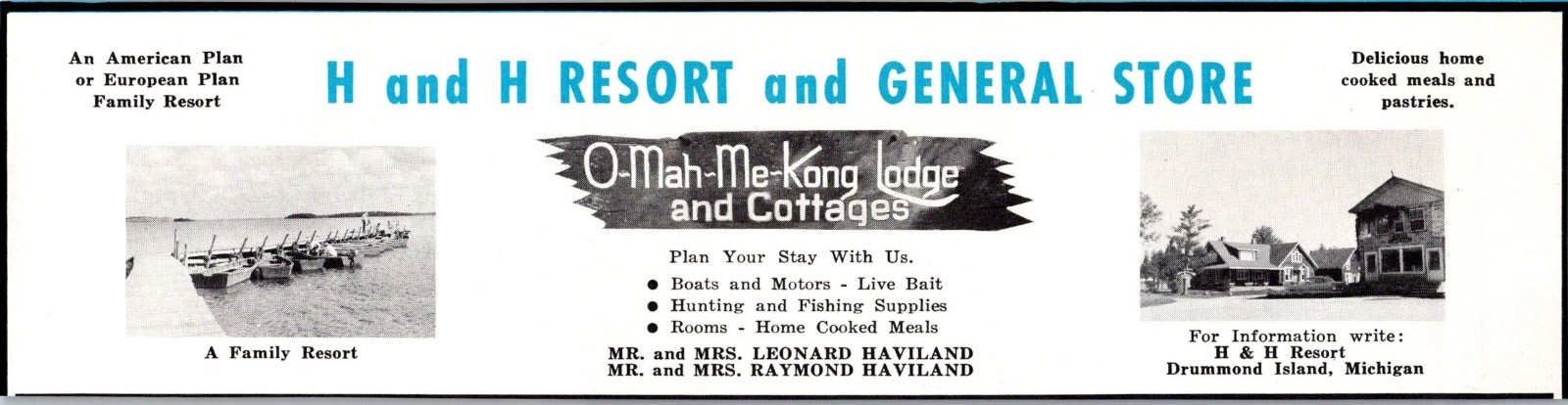 H and H Resort and General Store Mr. & Mrs. Leonard Haviland 1958 MI Ad TAK3-1
