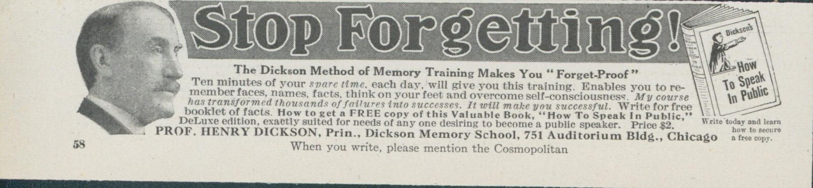 1912 Stop Forgetting Dickson Method Memory Training Speak Public Print Ad CO4