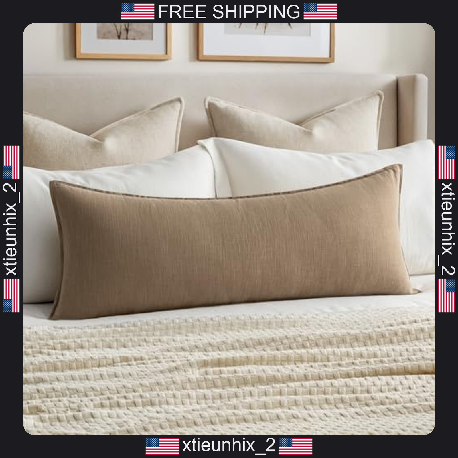 Linen Lumbar Pillow Cover 14x36 Inch Khaki Natural Fabric