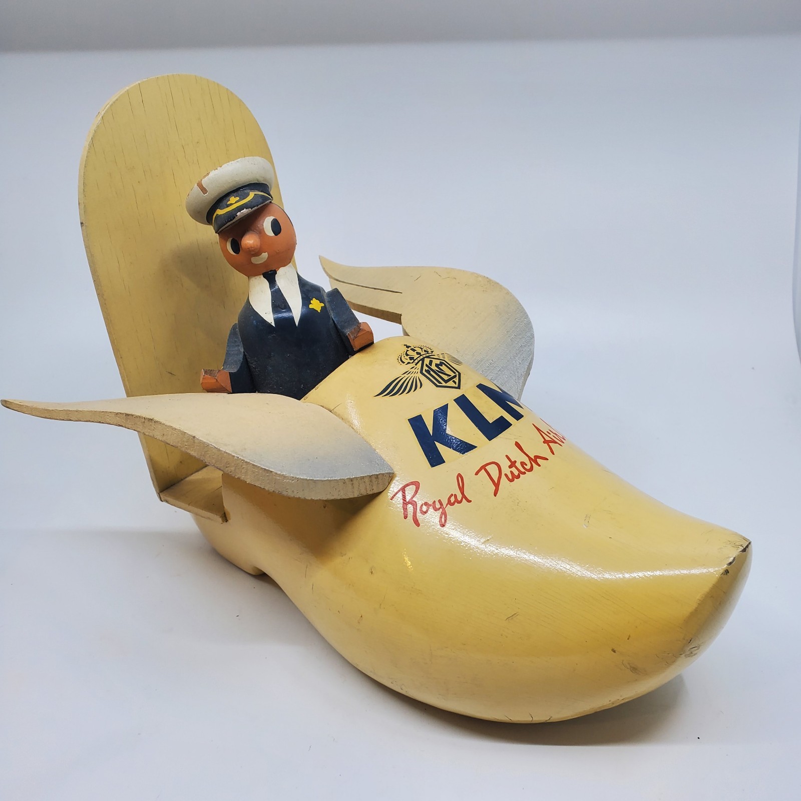 Vintage KLM Royal Dutch Airlines Advertising Sign Pilot Flying Clog Wood Shoe