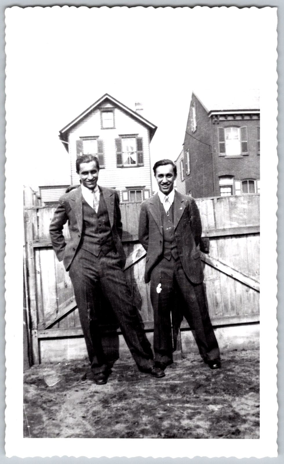 Vtg B&W Snapshot Two Young Men Dapper Three Piece Suits Yard Fence Houses 1930s