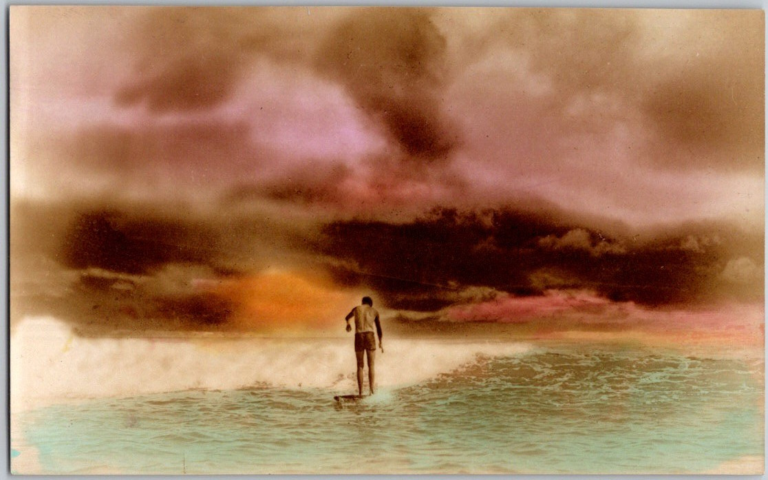 Vintage 1909 Color Tinted JJ WILLIAMS Hawaii RPPC Artura Postcard Surfing Surfer