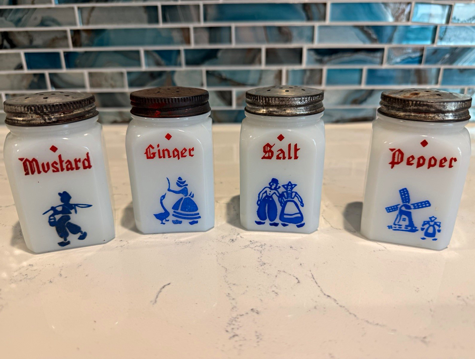 Vintage Dutch Pattern Milk Glass Spice Jar Set, 4 Square Jars w/ Metal Lids
