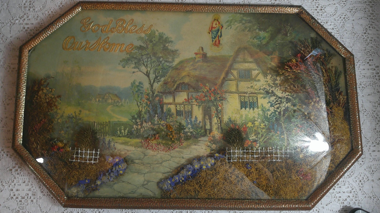 Antique 1920s God Bless Our Home Diorama Convex Glass Hammered Copper Frame