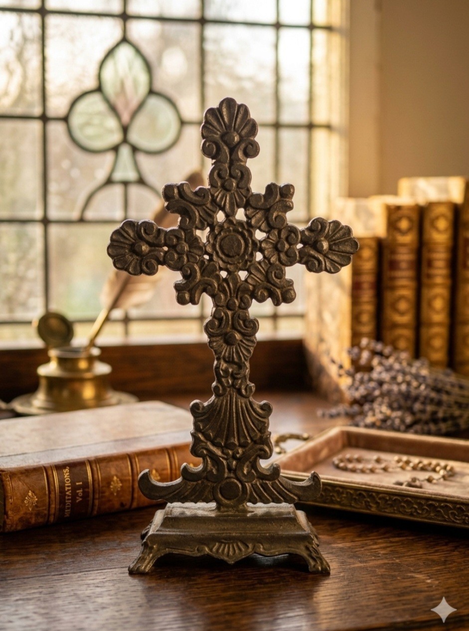 LARGE Religious Vintage Intricate Cast Iron Metal Standing Crucifix Cross 14\