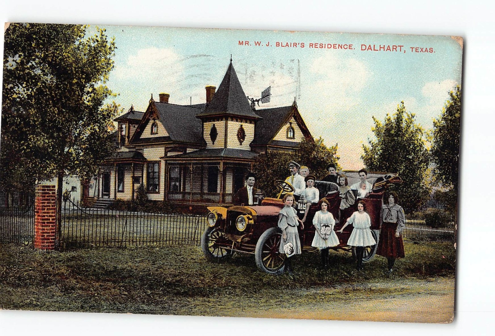 Dalhart Texas TX Postcard 1916 Mr W.J. Blairs Residence Family Posing Automobile