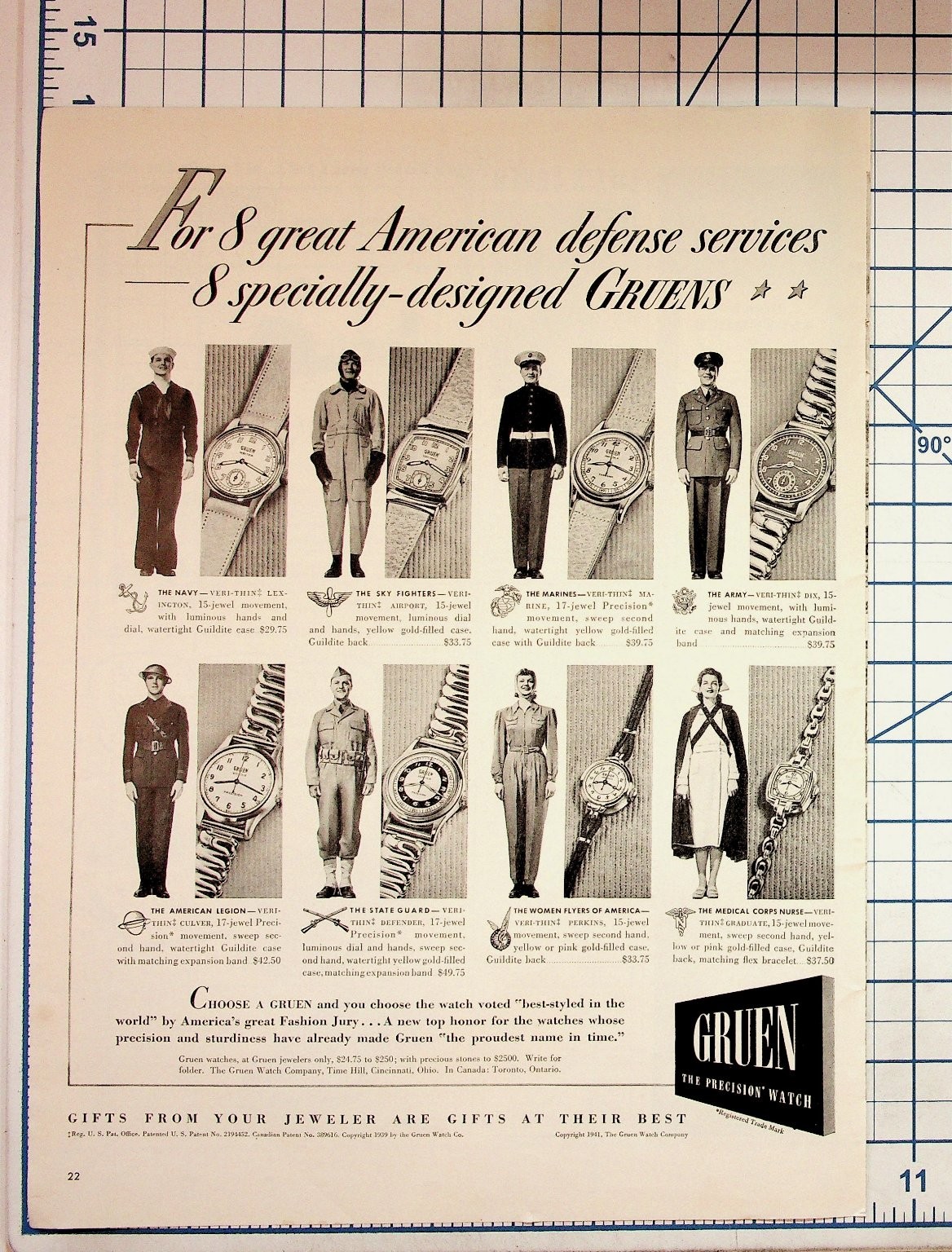 1941 Gruen Watches WWII Military Ad Veri-Thin US Army Navy Marines Vintage Print