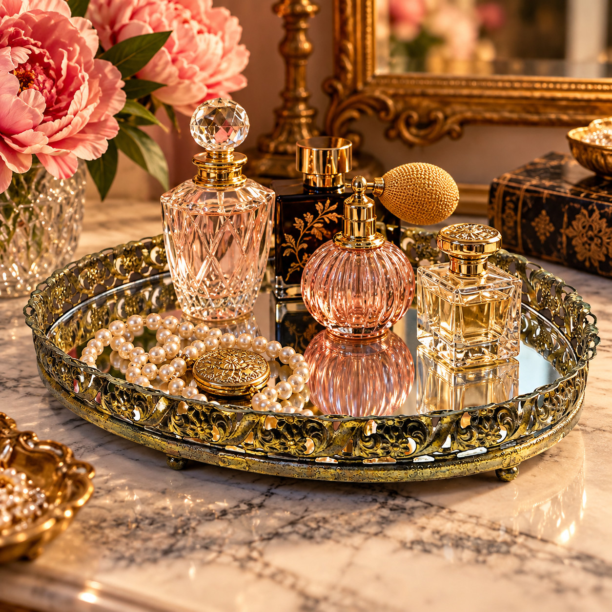 Vintage Oval Mirrored Vanity Tray Ornate Floral Filigree Gold Tone 12\