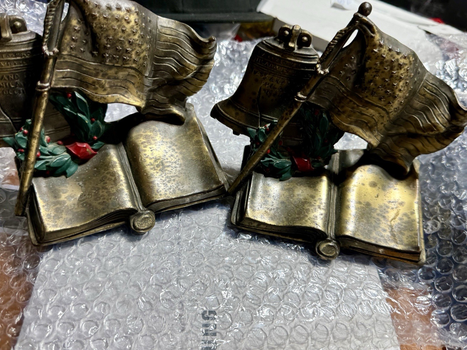 Vintage K&O Co Patriotic Liberty Bell American Flag Bookends Brass Made In USA