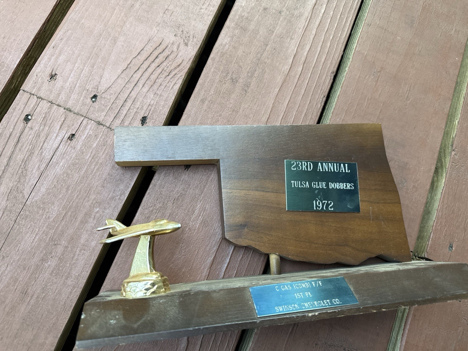 Vintage TROPHY Metal AIRPLANE on Wood Base Model Airplane Oklahoma Showcase