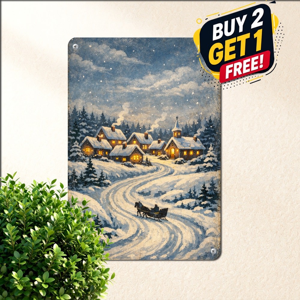 Winter Wonderland Village Scene Metal Sign Glowing Cabin Decor Plaque 8x12