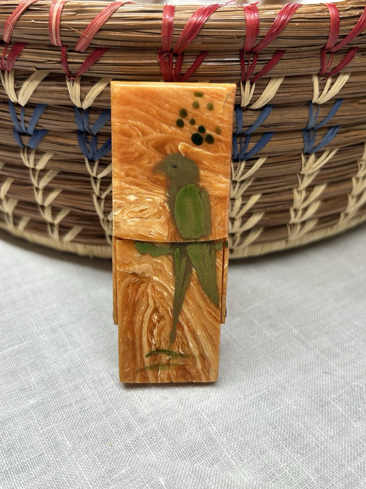 Antique 1930s-40s Art Deco Manicure Set Celluloid Case Handpainted Parrot