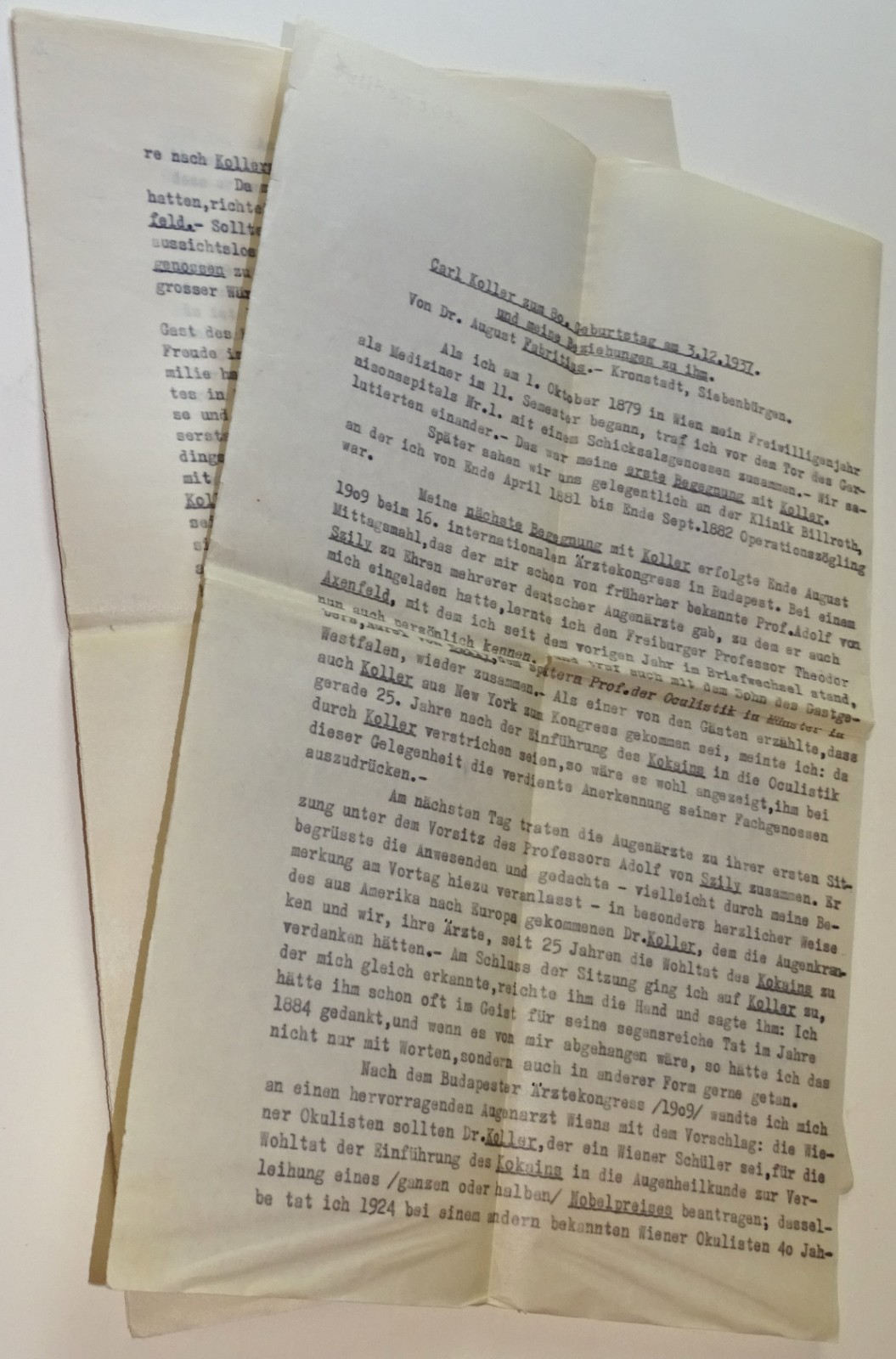 1937 Dr Carl Koller 80th Birthday German Speech Manuscript August Fabricius