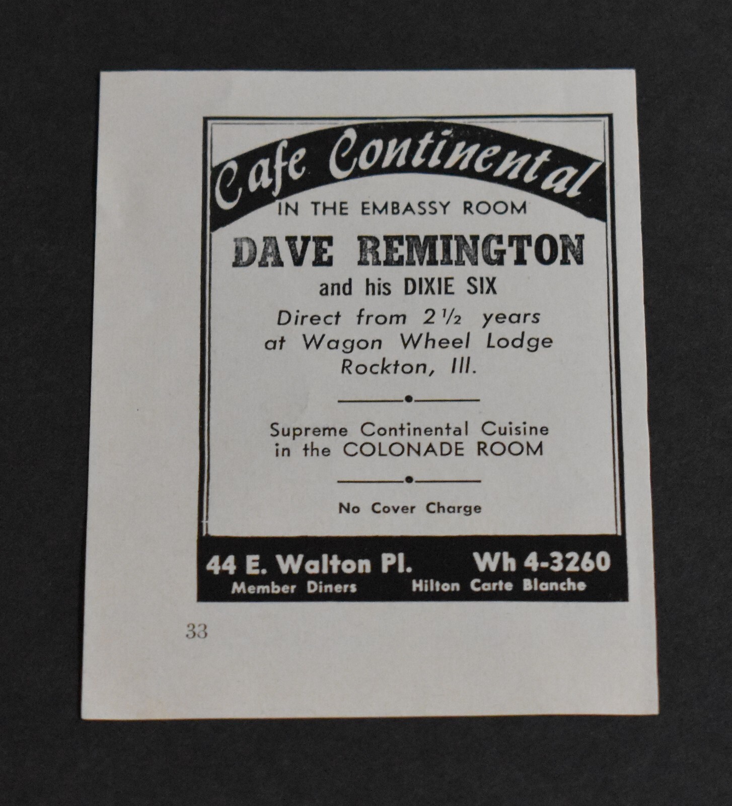 1961  Chicago Cafe Continental Embassy Room Dave Remington 44 E Walton Pl art