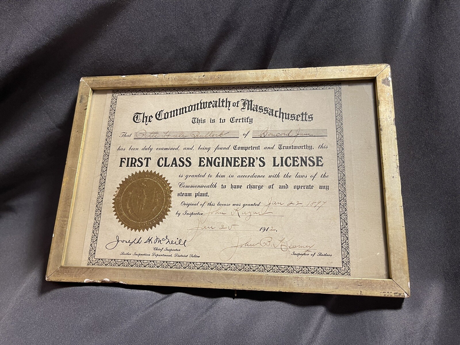 Antique Original Lemon Gold Frame w/ 1912 Engineer License 
