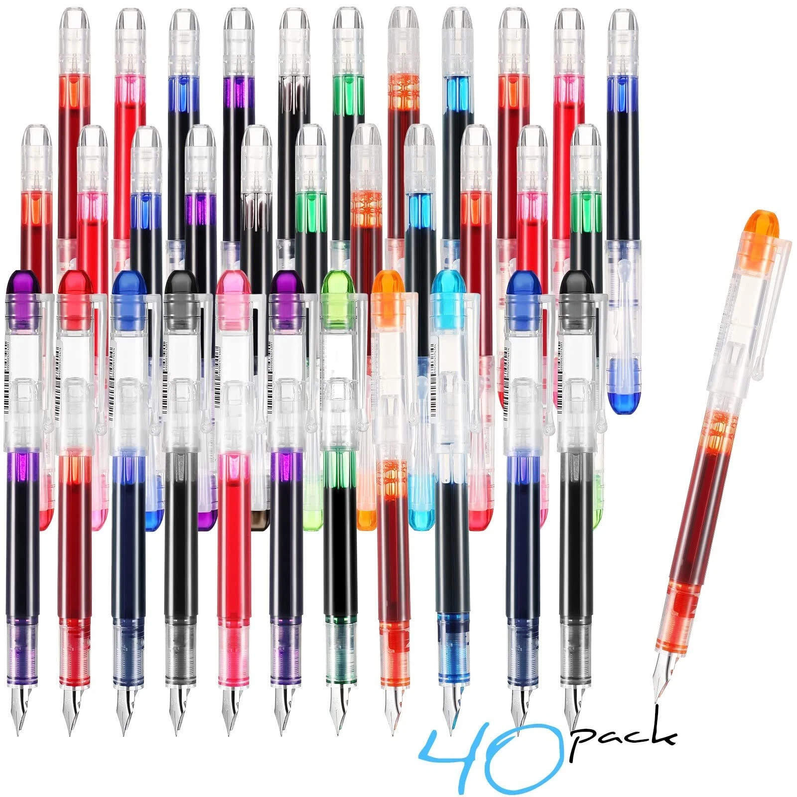 40 Pack Disposable Fountain Pens Set Colored Ink Extra Fine Nib Classic Desig...
